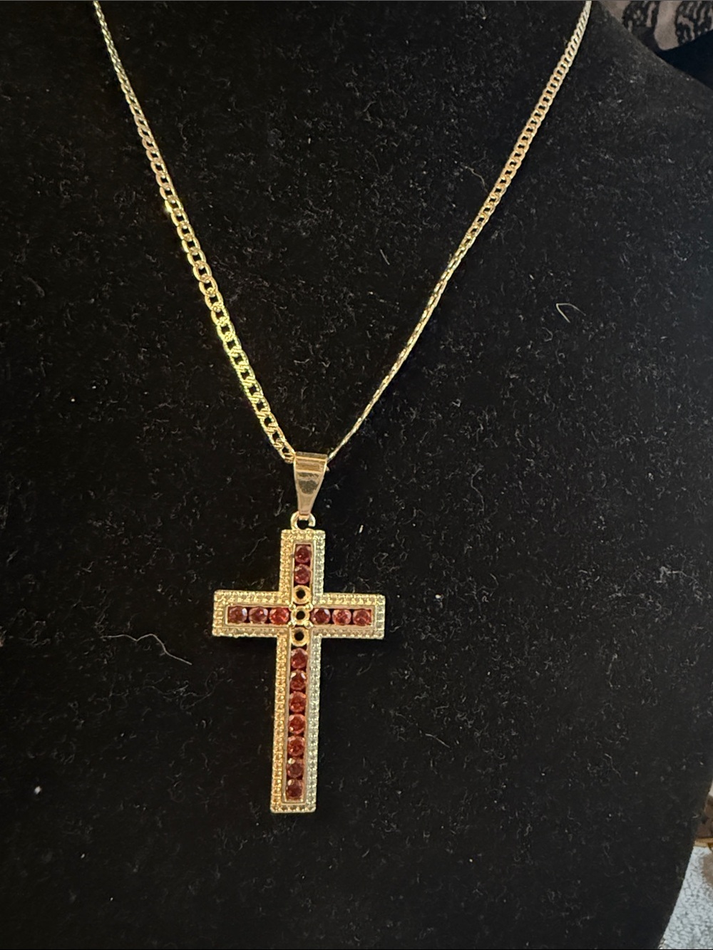 Gold Cross Pendant Necklace with Red Gem Accents stainless steel